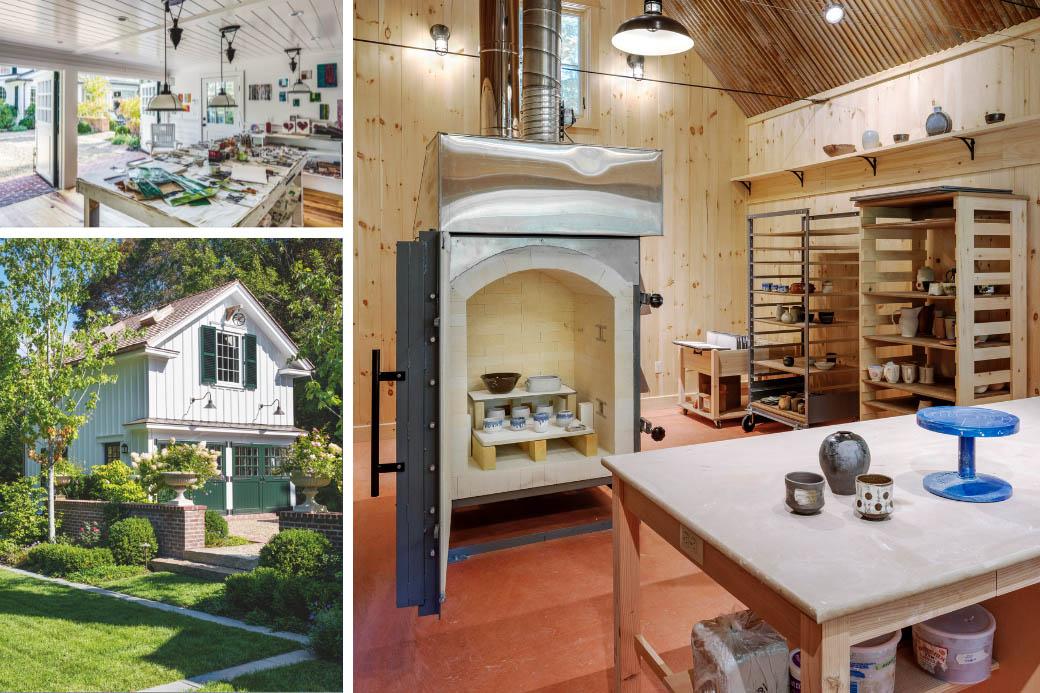 Exterior of an arts room, interior of white craft room, interior of kiln room