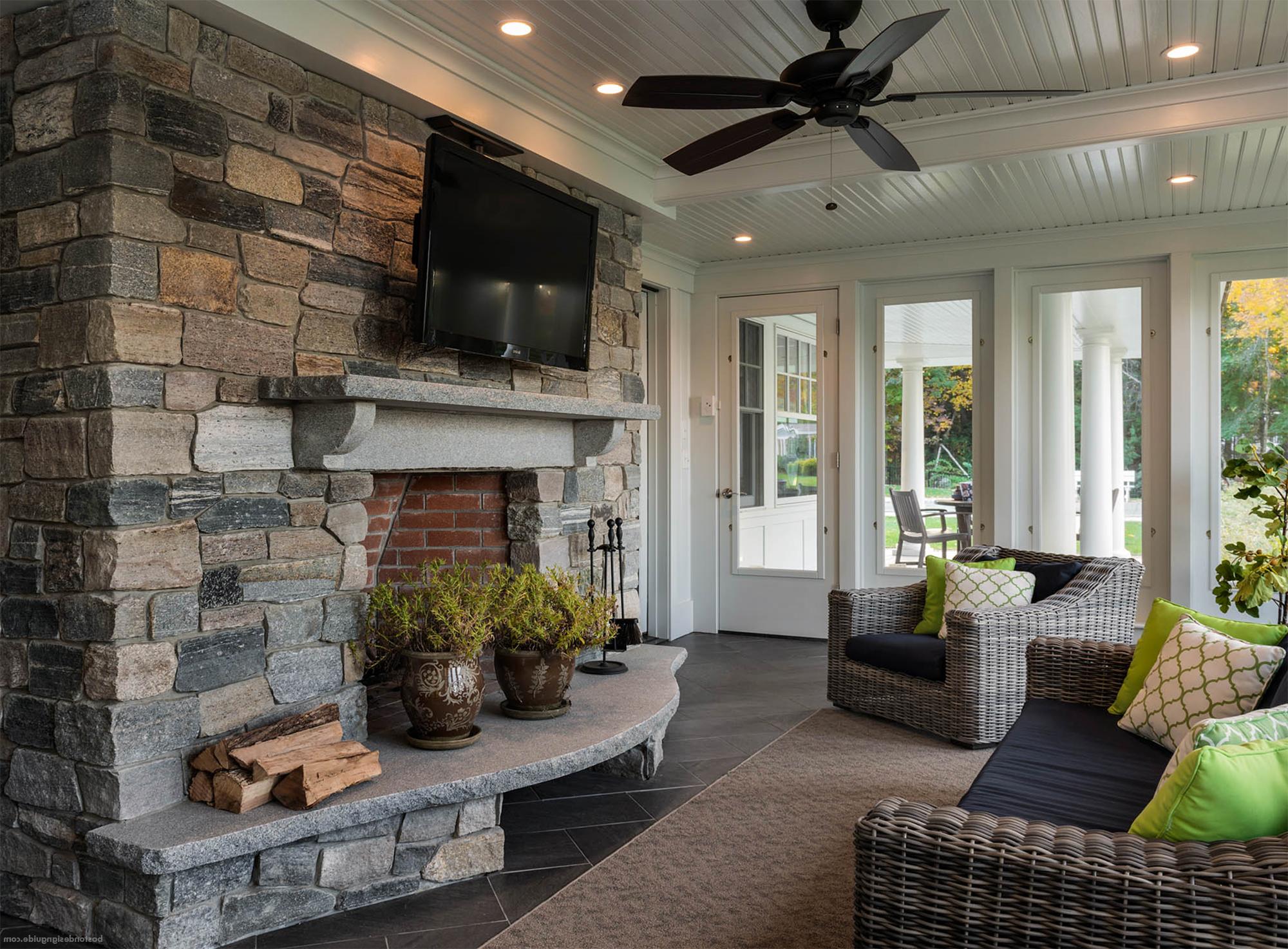 High-end screened porch with fireplace