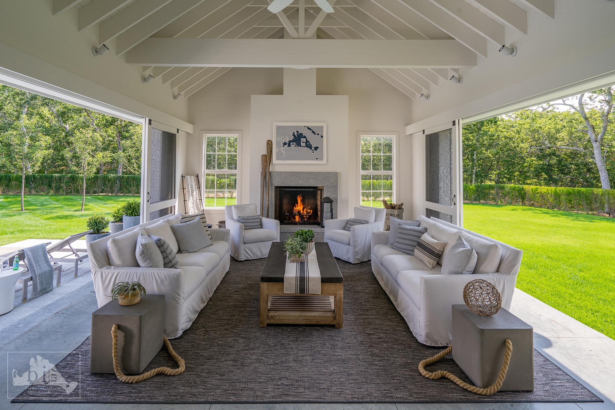 HIgh-end screened porch with fireplace