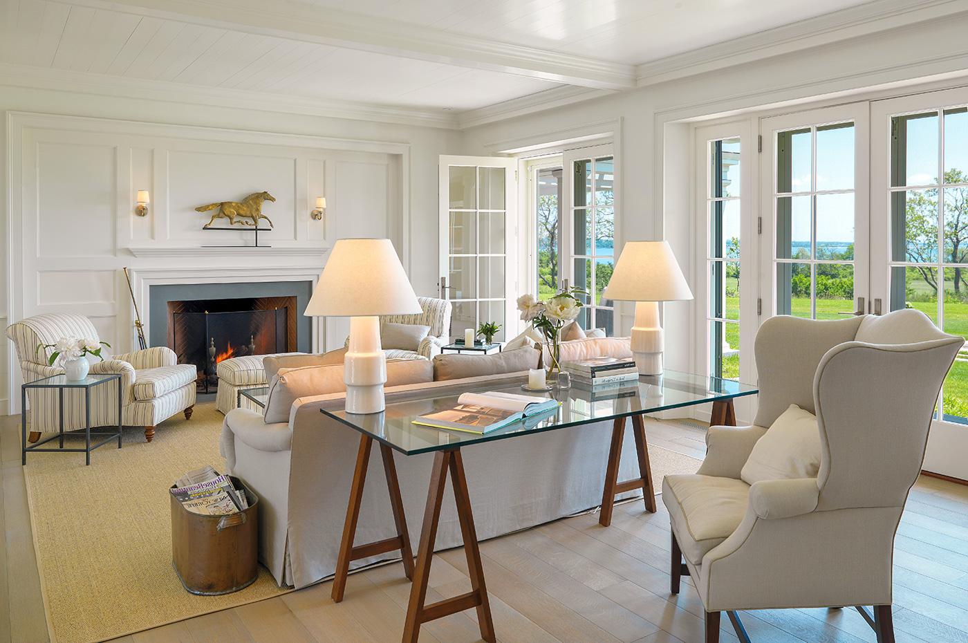 Work desk in a gracious living room designed by Mellowes + Palladino Architects