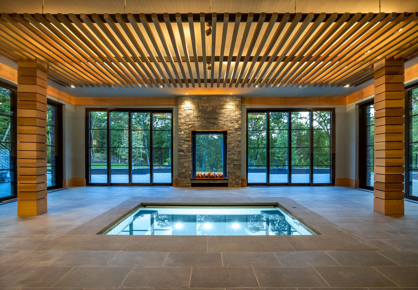 indoor swimming pool and fireplace