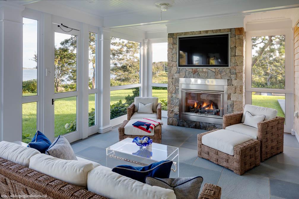 High-end screened porch with fireplace